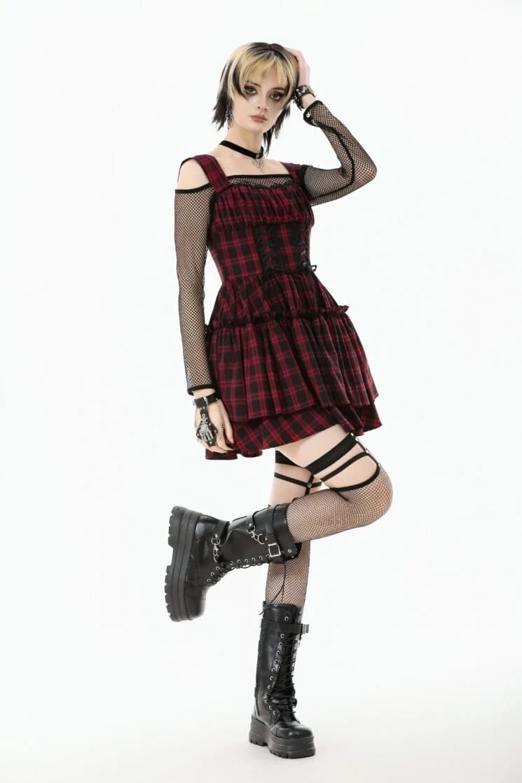 Tiered Plaid Dress Over Mesh Top Tiered Plaid Dress Over Mesh Top — Emo Plaid Outfits 2027