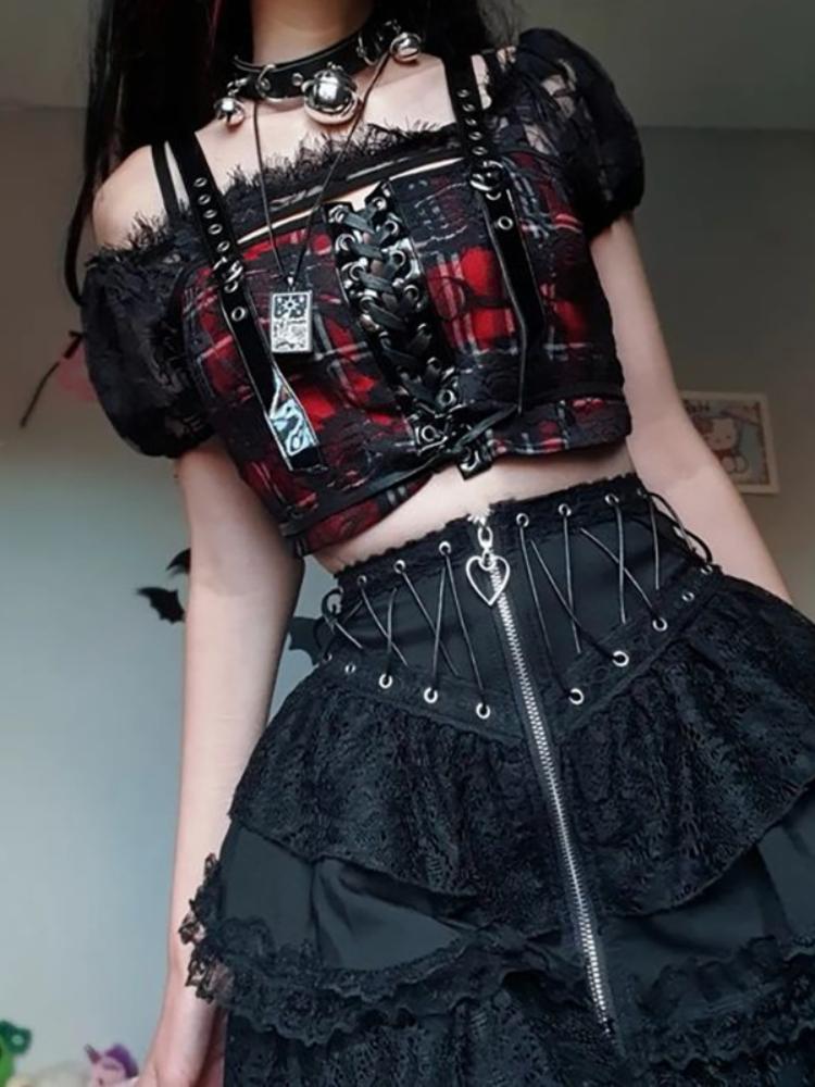 Plaid Corset Top With Lace Trim Off-Shoulder Sleeves Plaid Corset Top With Lace Trim Off-Shoulder Sleeves — Emo Plaid Outfits 2027