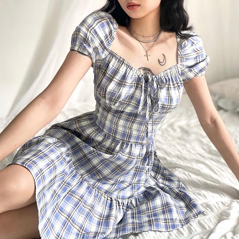 Blue White Plaid Mini Dress With Tie Front Blue White Plaid Mini Dress With Tie Front — Emo Plaid Outfits 2027