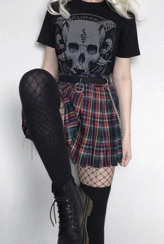 Red Green Plaid Pleated Skirt With Graphic Tee Red Green Plaid Pleated Skirt With Graphic Tee — Emo Plaid Outfits 2027