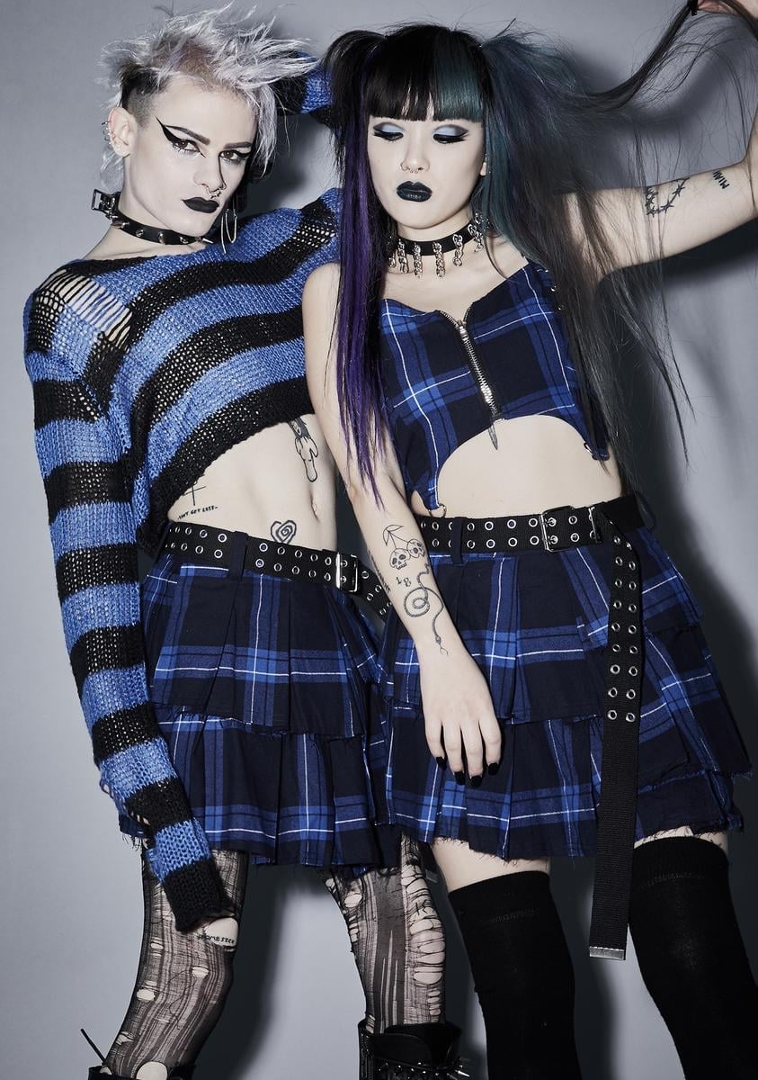 Blue Plaid Mini Skirts With Cropped Tops Blue Plaid Mini Skirts With Cropped Tops — Emo Plaid Outfits 2027