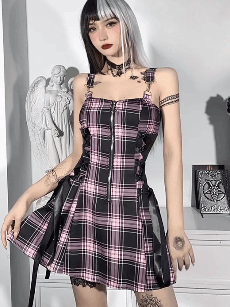 Black Pink Plaid Mini Dress With Lace Trim Black Pink Plaid Mini Dress With Lace Trim — Emo Plaid Outfits 2027