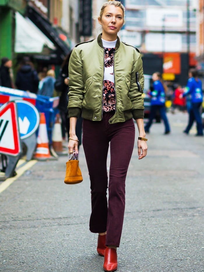 Olive green bomber jacket with burgundy corduroy trousers Olive green bomber jacket with burgundy corduroy trousers — Fall Bomber Jacket Outfits 2026