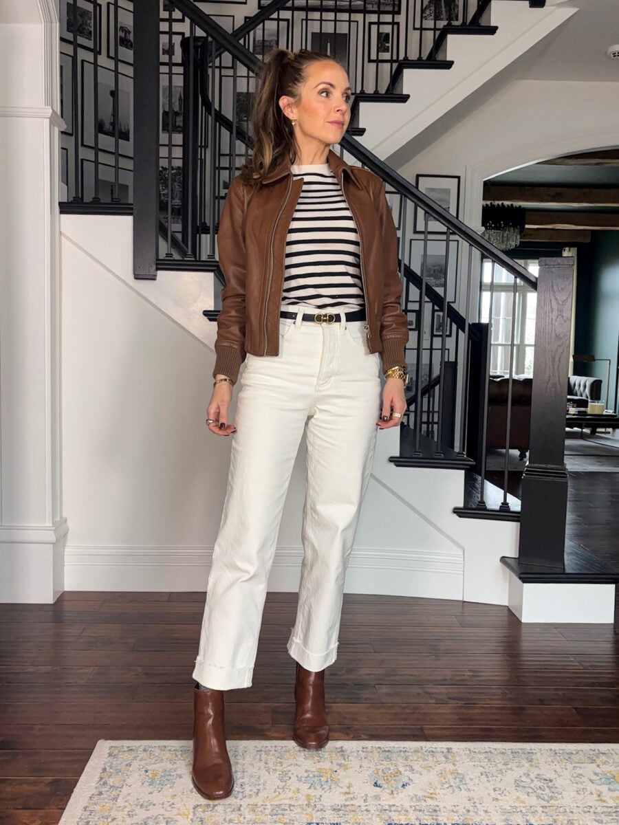 Brown leather bomber jacket with white pants Brown leather bomber jacket with white pants — Fall Bomber Jacket Outfits 2026