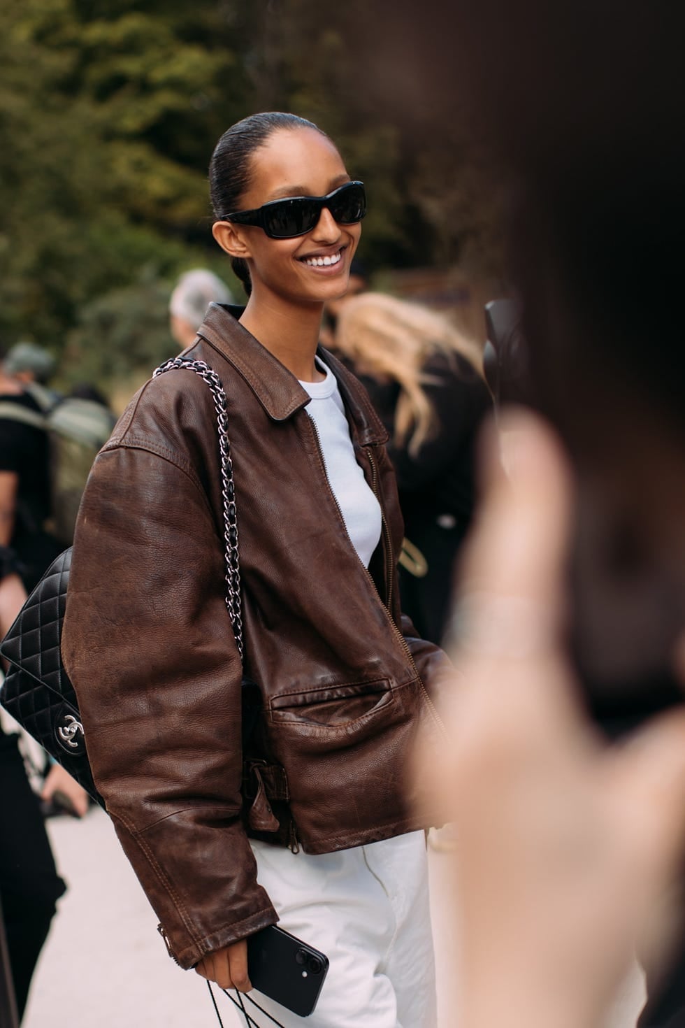 Oversized brown leather bomber jacket with white, Everyday Version Oversized brown leather bomber jacket with white, Everyday Version — Fall Bomber Jacket Outfits 2026