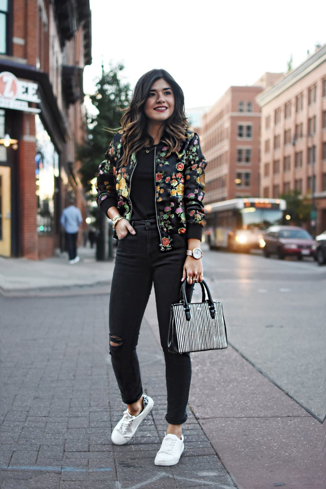 Floral embroidered bomber jacket with ripped jeans, White Sneakers Floral embroidered bomber jacket with ripped jeans, White Sneakers — Fall Bomber Jacket Outfits 2026