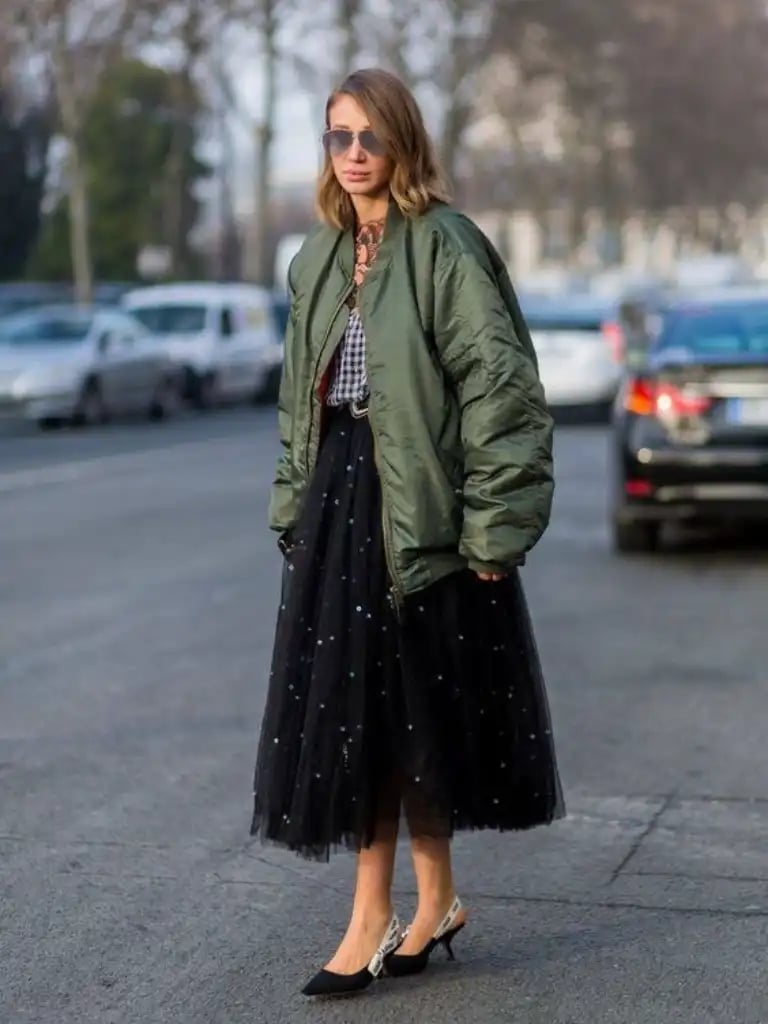 Olive green bomber jacket with a tulle skirt, Pointed Toe Heels Olive green bomber jacket with a tulle skirt, Pointed Toe Heels — Fall Bomber Jacket Outfits 2026