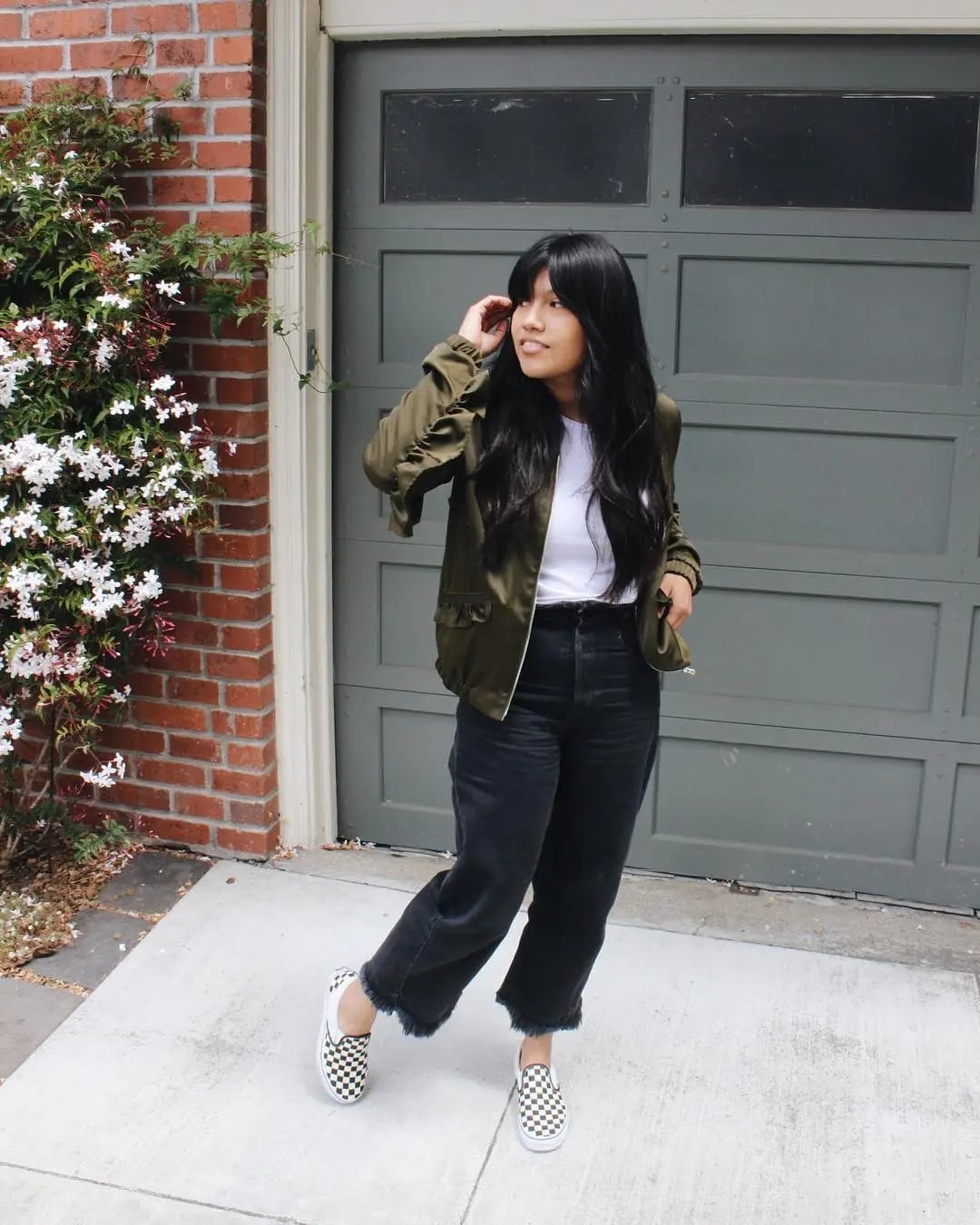 Olive bomber jacket with ruffled sleeves, Everyday Version Olive bomber jacket with ruffled sleeves, Everyday Version — Fall Bomber Jacket Outfits 2026