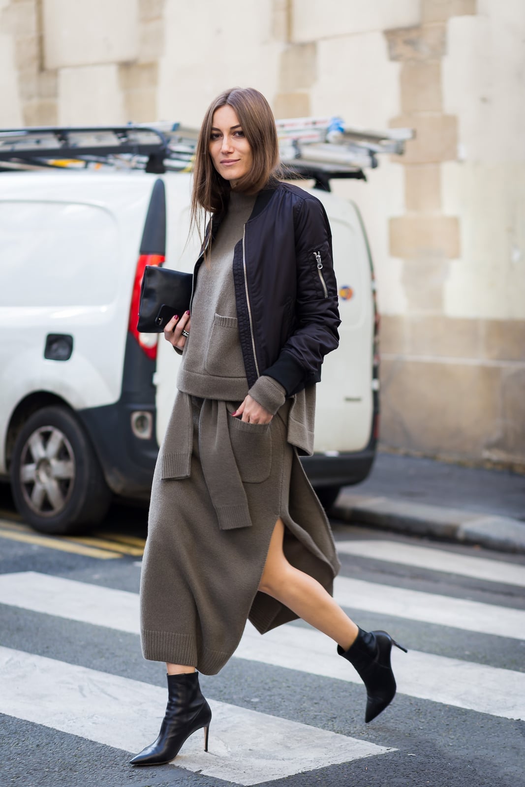 Black bomber jacket with gray knit skirt, Everyday Version Black bomber jacket with gray knit skirt, Everyday Version — Fall Bomber Jacket Outfits 2026