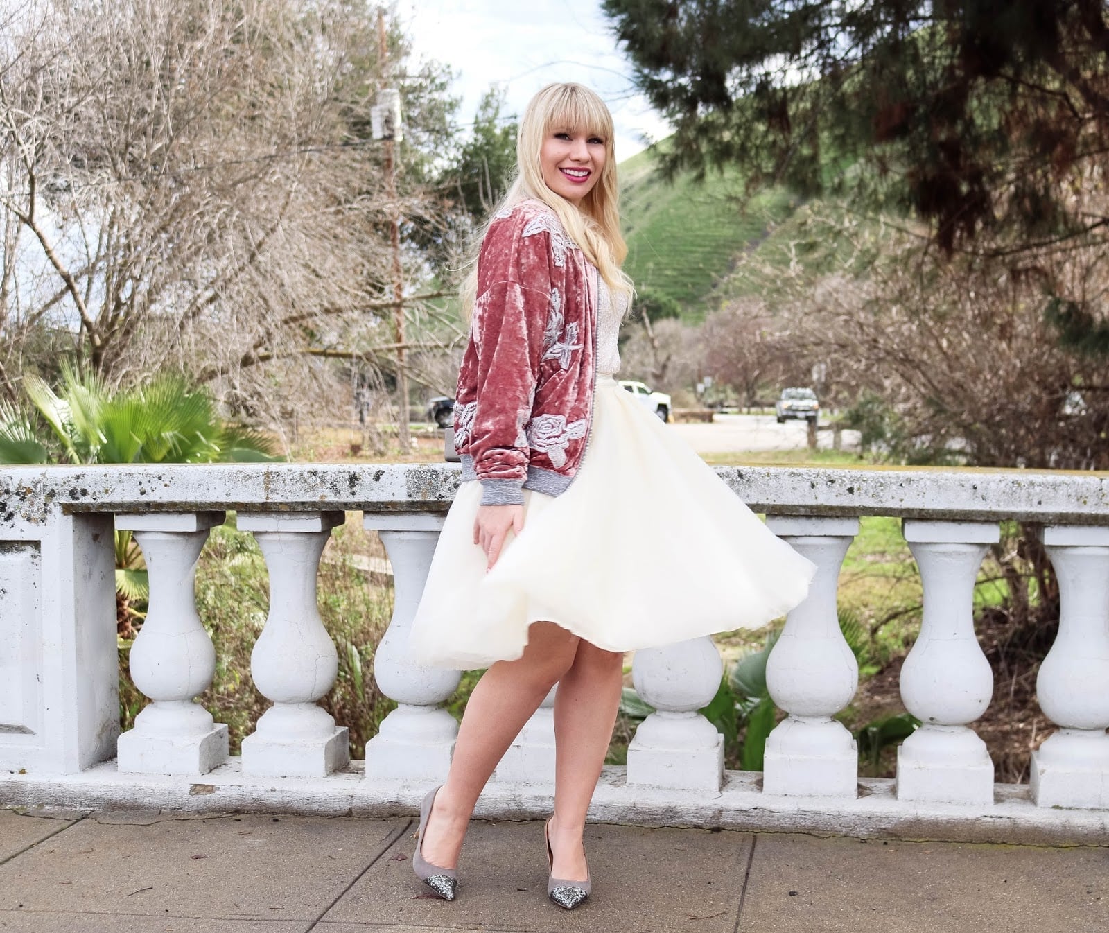 Pink velvet bomber jacket with tulle skirt Pink velvet bomber jacket with tulle skirt — Fall Bomber Jacket Outfits 2026