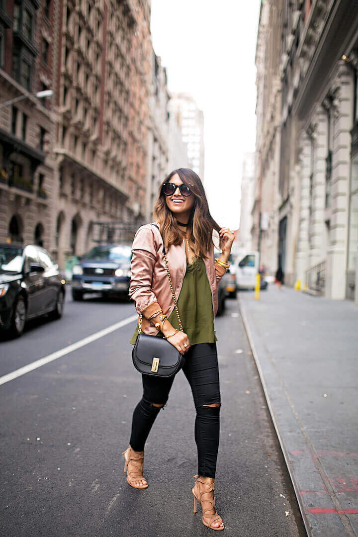 Pink satin bomber jacket with black skinny jeans Pink satin bomber jacket with black skinny jeans — Fall Bomber Jacket Outfits 2026