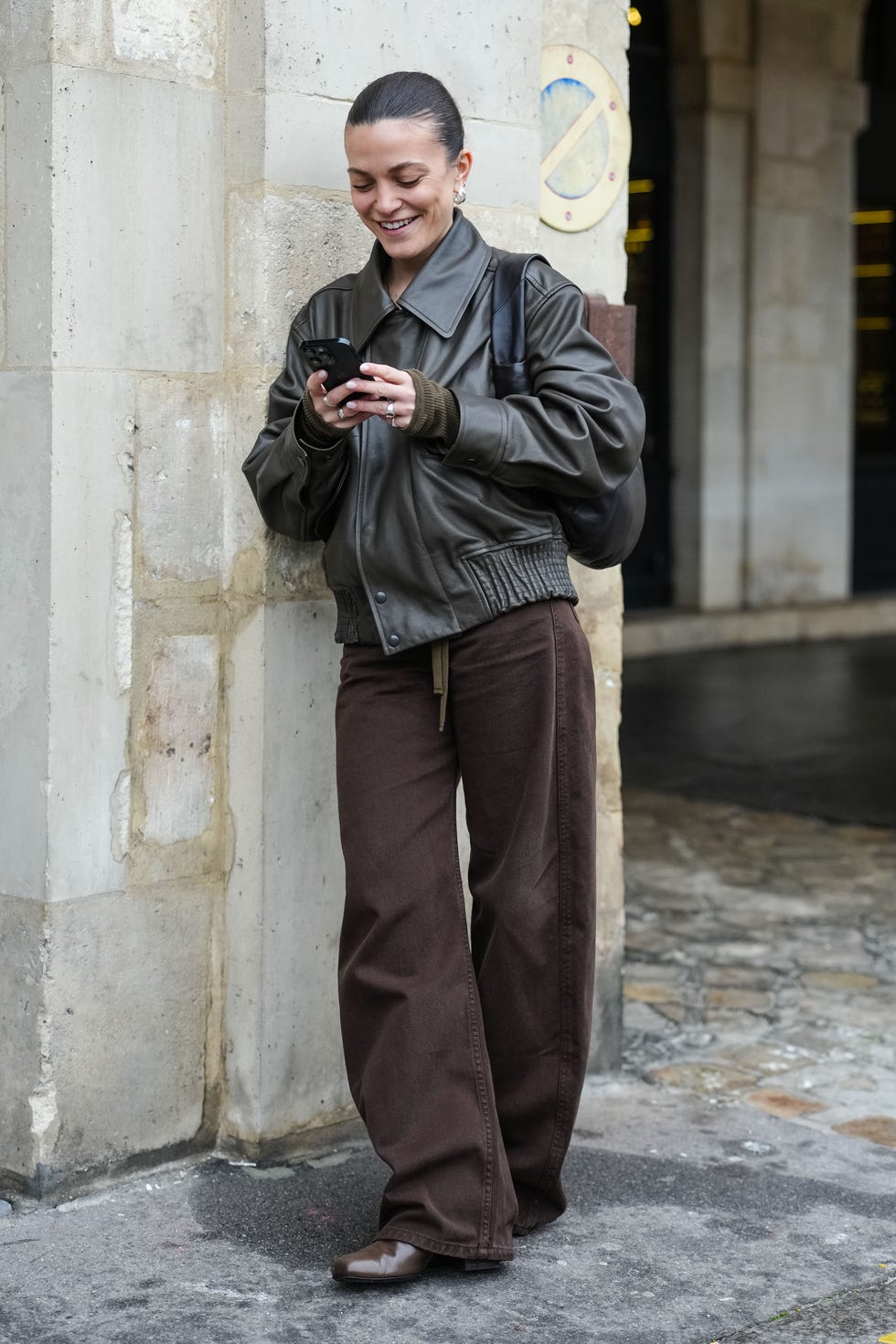 Dark green leather bomber jacket with corduroy pants Dark green leather bomber jacket with corduroy pants — Fall Bomber Jacket Outfits 2026