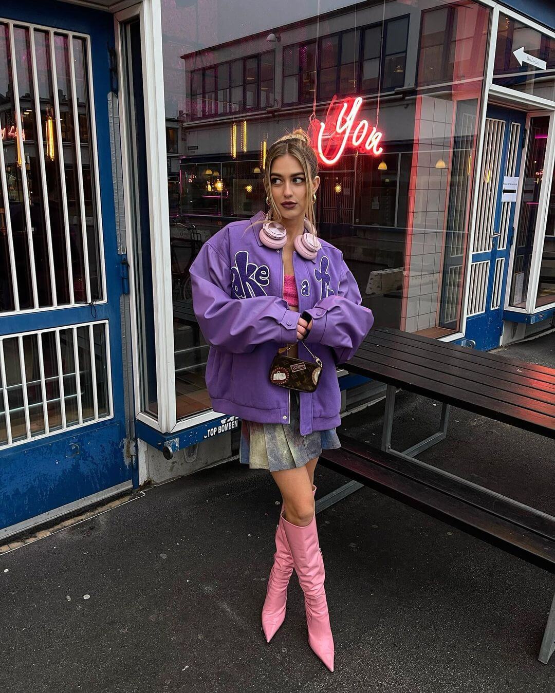 Purple oversized bomber jacket with denim mini skirt Purple oversized bomber jacket with denim mini skirt — Fall Bomber Jacket Outfits 2026