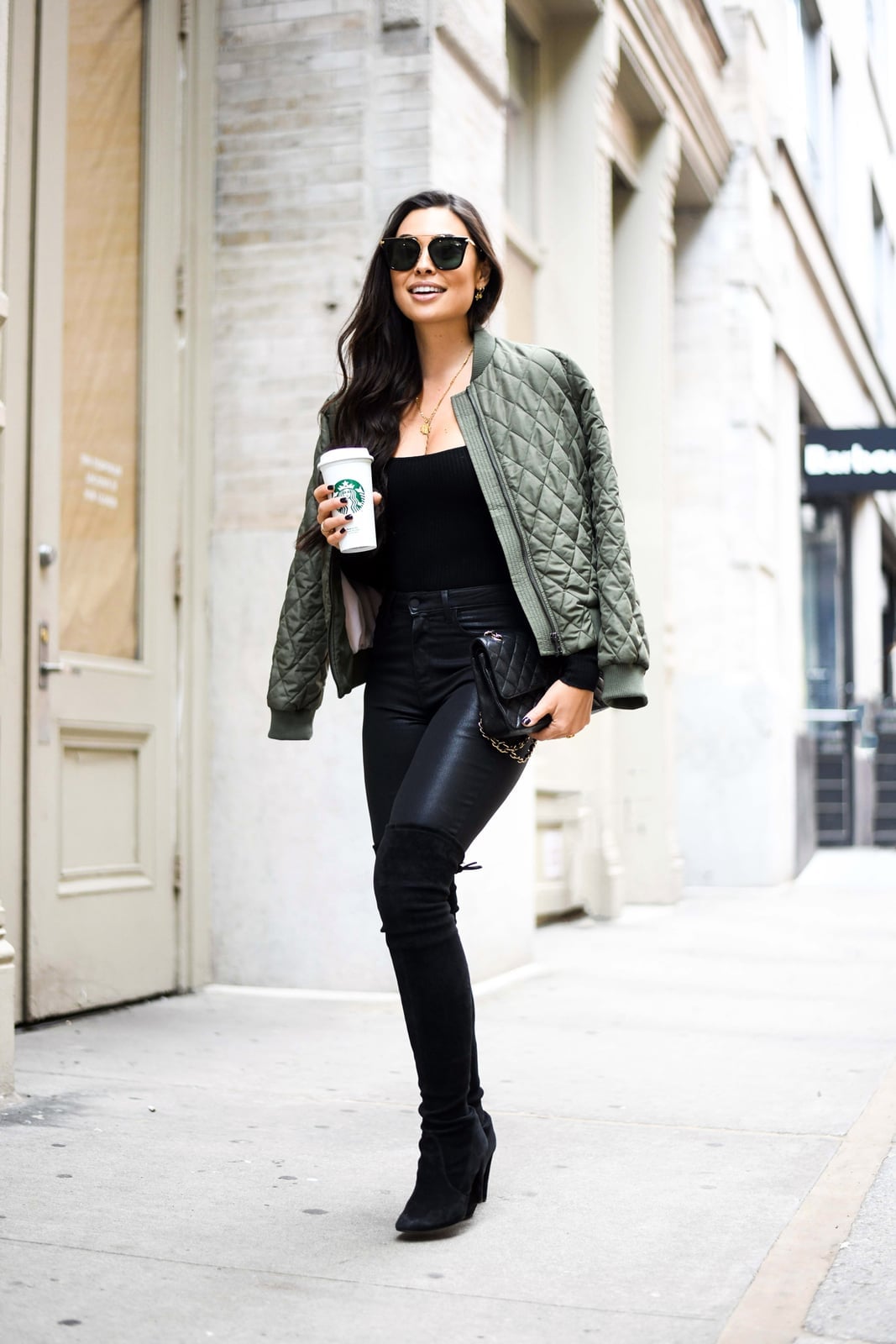 Quilted green bomber jacket with faux leather pants Quilted green bomber jacket with faux leather pants — Fall Bomber Jacket Outfits 2026