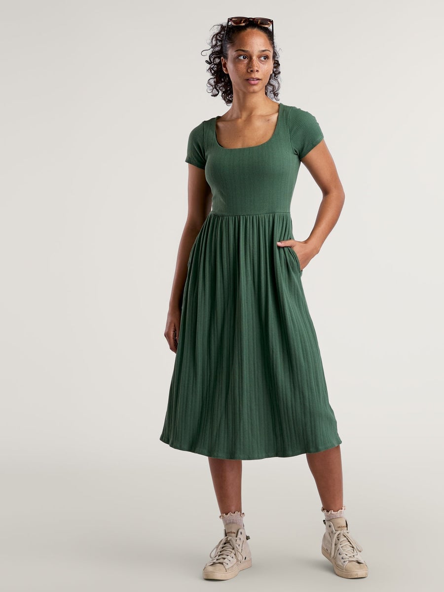 Dark Green Ribbed Knit Fit and Flare Midi Dress — Fit and Flare Dresses 2027