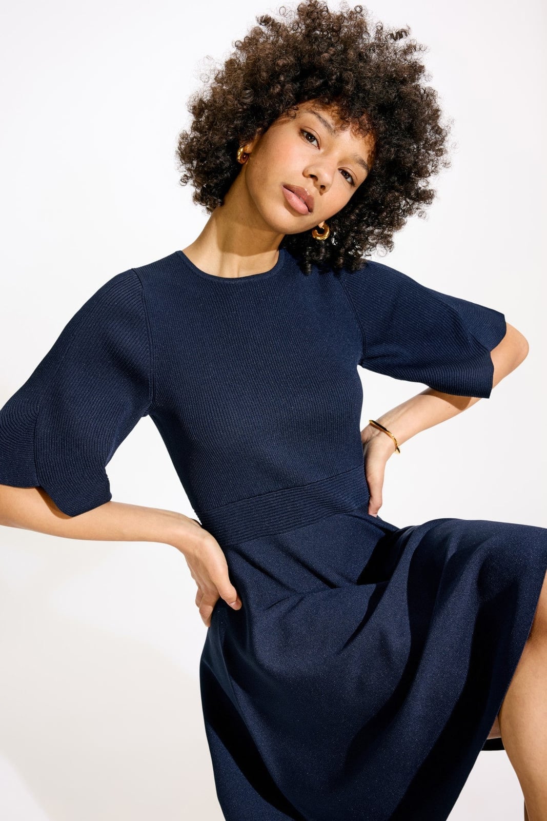 Navy Knit Short Sleeve Fit and Flare Dress with Ribbed Texture — Fit and Flare Dresses 2027