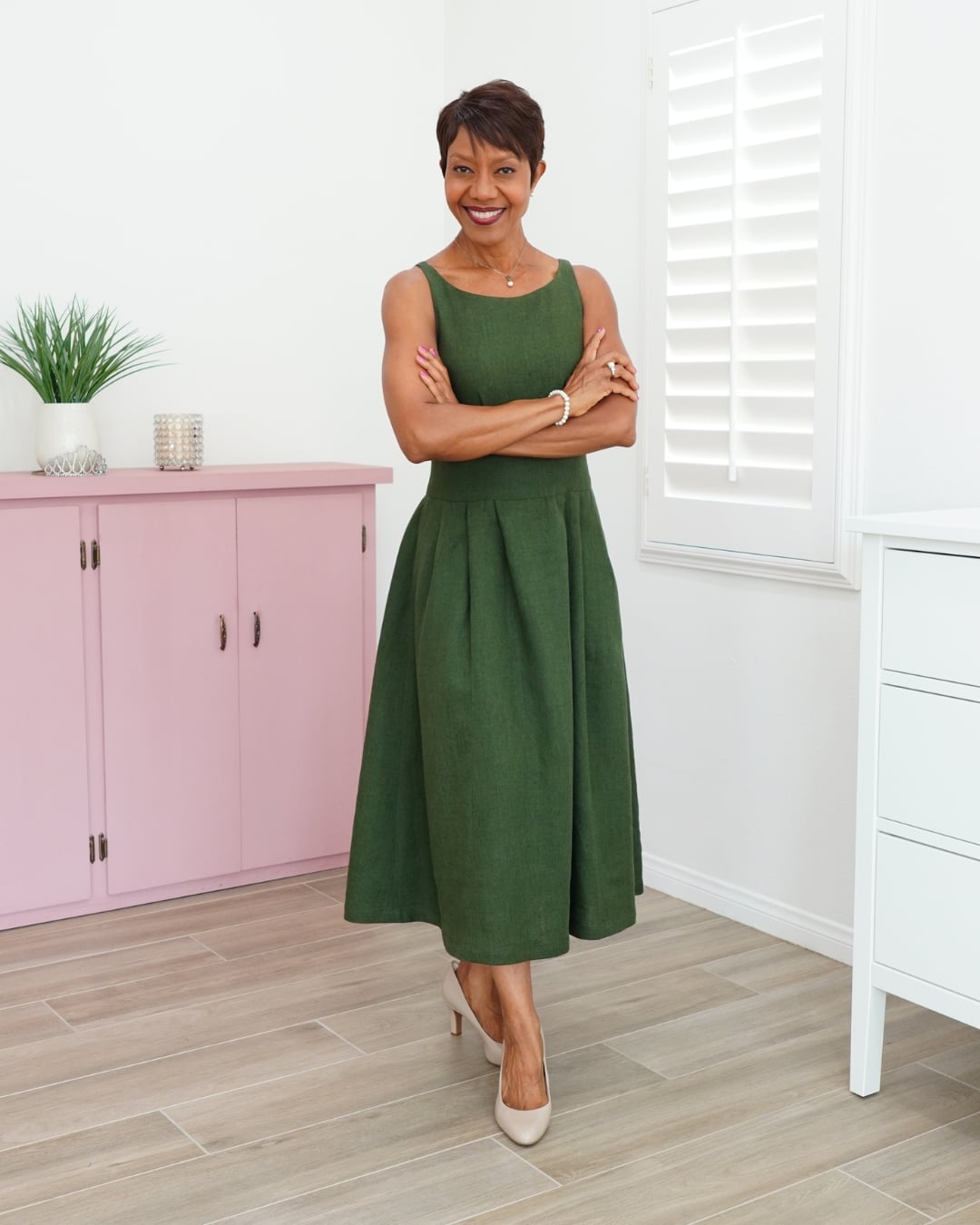 Olive Green Sleeveless Textured Woven Fit and Flare Midi Dress — Fit and Flare Dresses 2027