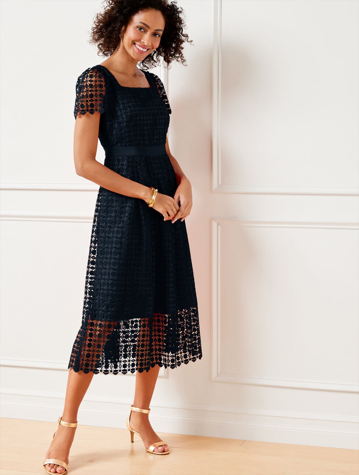 Navy Lace Short Sleeve Fit and Flare Dress with Square Neckline — Fit and Flare Dresses 2027