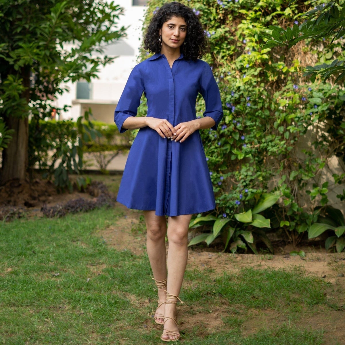Royal Blue Three-Quarter Sleeve Collared Fit and Flare Dress — Fit and Flare Dresses 2027