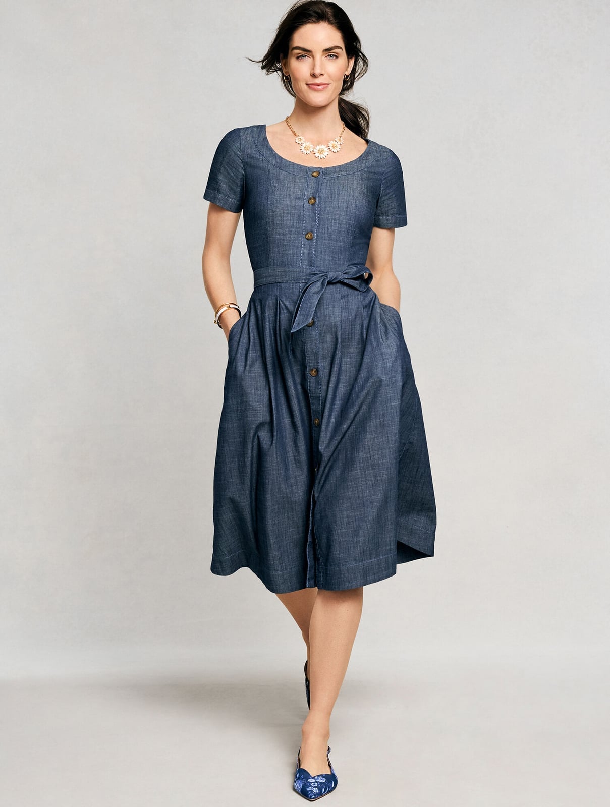 Blue Denim Fit and Flare Dress with Button Front and Tie Waist — Fit and Flare Dresses 2027