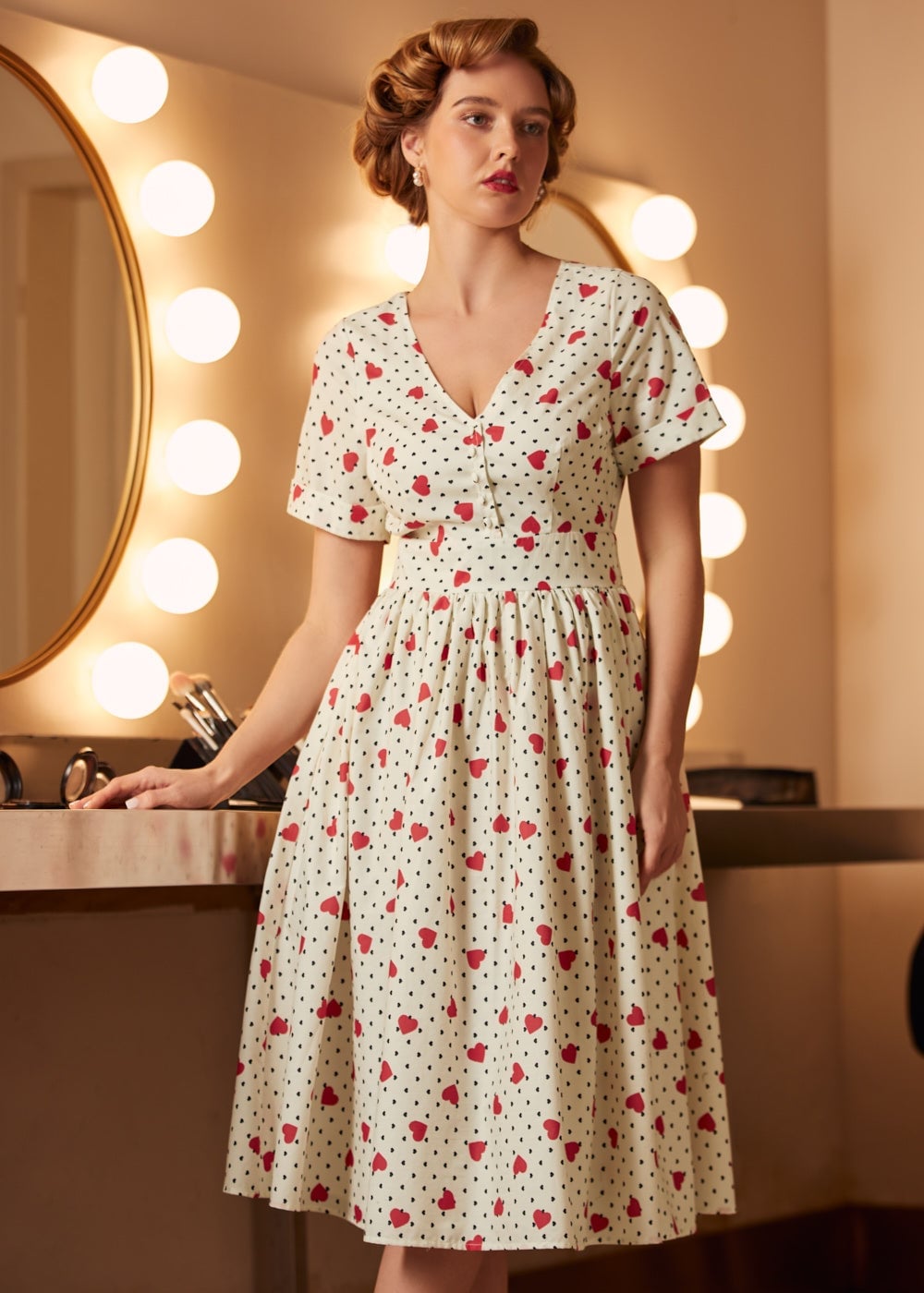 Cream Fit and Flare Dress with Heart and Polka Dot Print — Fit and Flare Dresses 2027