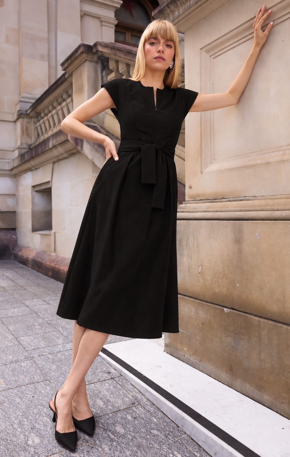 Classic Black Short Sleeve Fit and Flare Dress with Fabric Belt — Fit and Flare Dresses 2027
