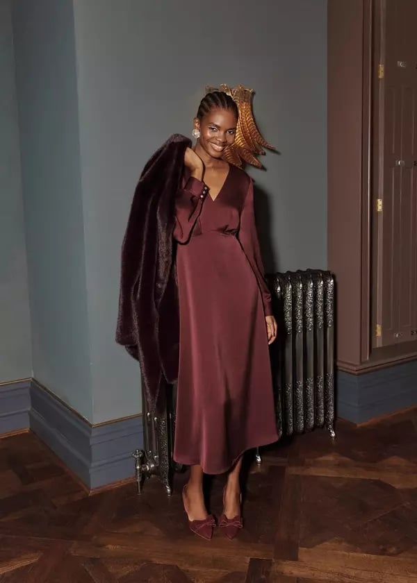 Burgundy Satin Long Sleeve Fit and Flare Midi Dress — Fit and Flare Dresses 2027