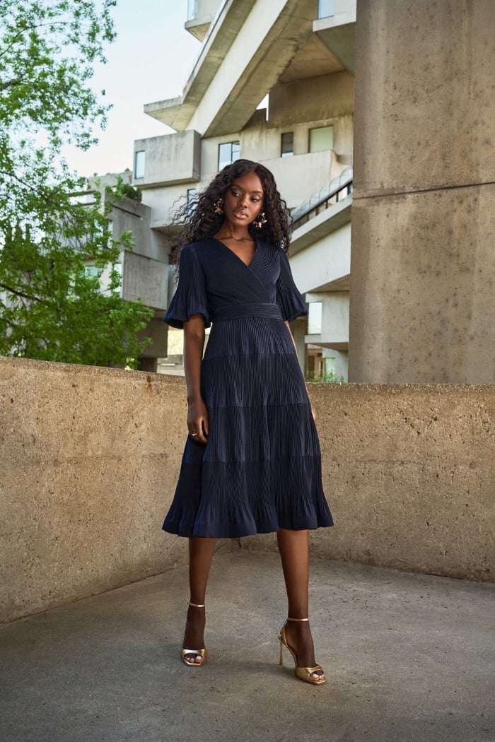Navy Pleated Fit and Flare Dress with Flutter Sleeves — Fit and Flare Dresses 2027
