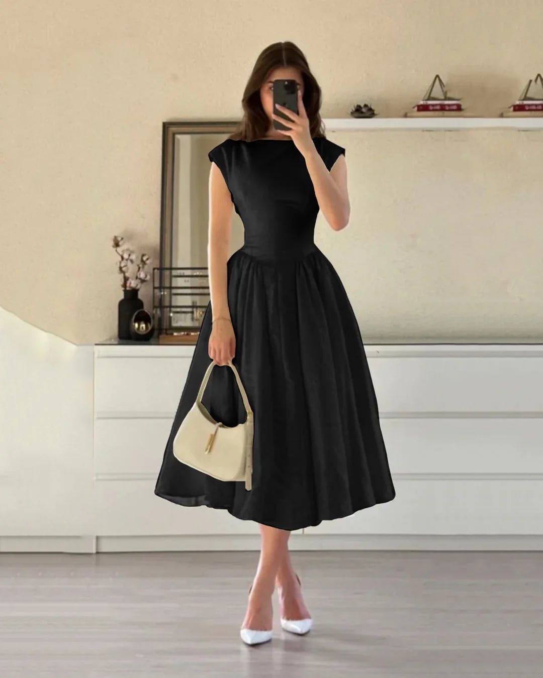 Black Cap Sleeve Fit and Flare Dress with Full Skirt — Fit and Flare Dresses 2027