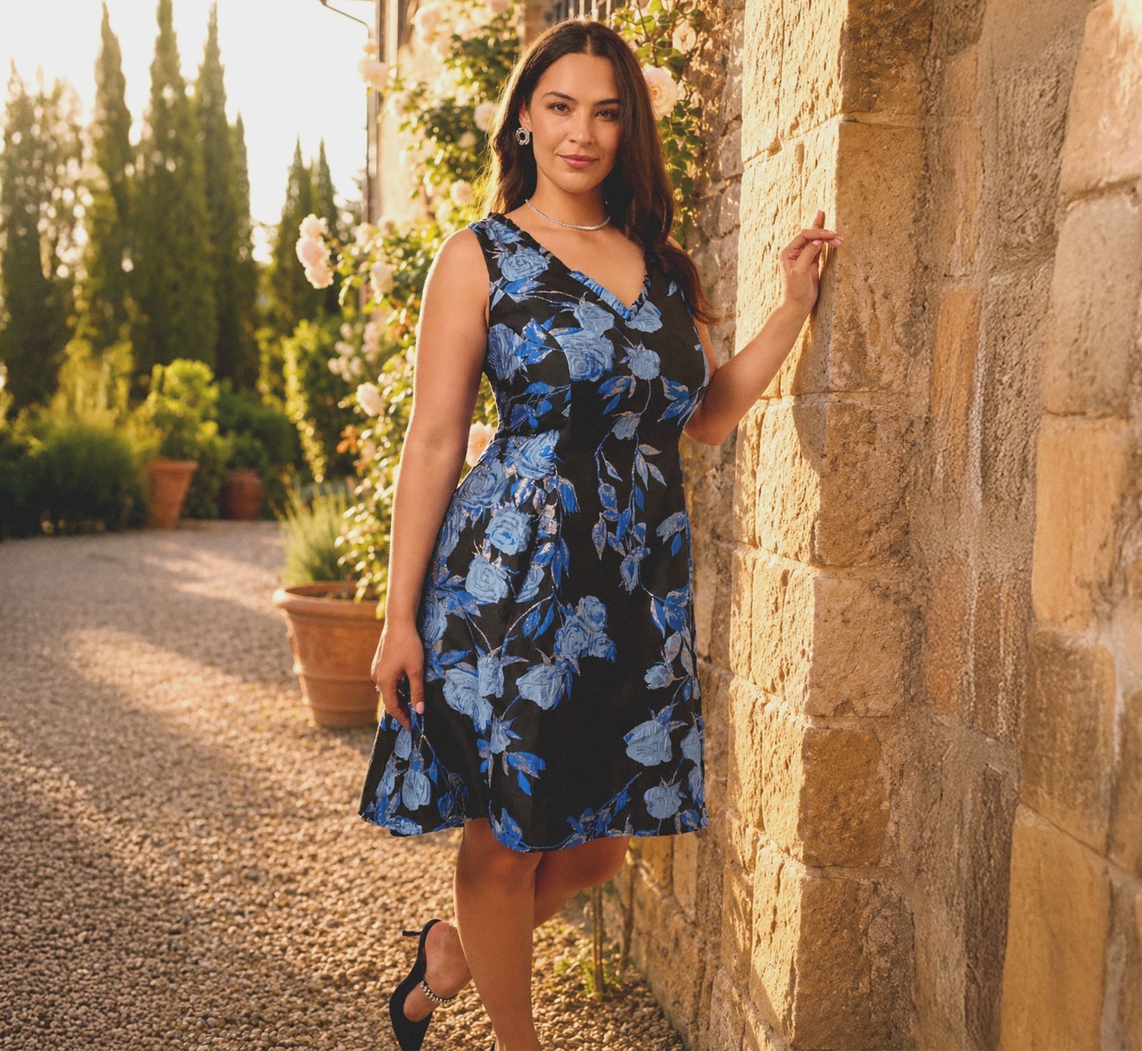 Sleeveless Fit and Flare Midi Dress with Blue Floral Print — Fit and Flare Dresses 2027