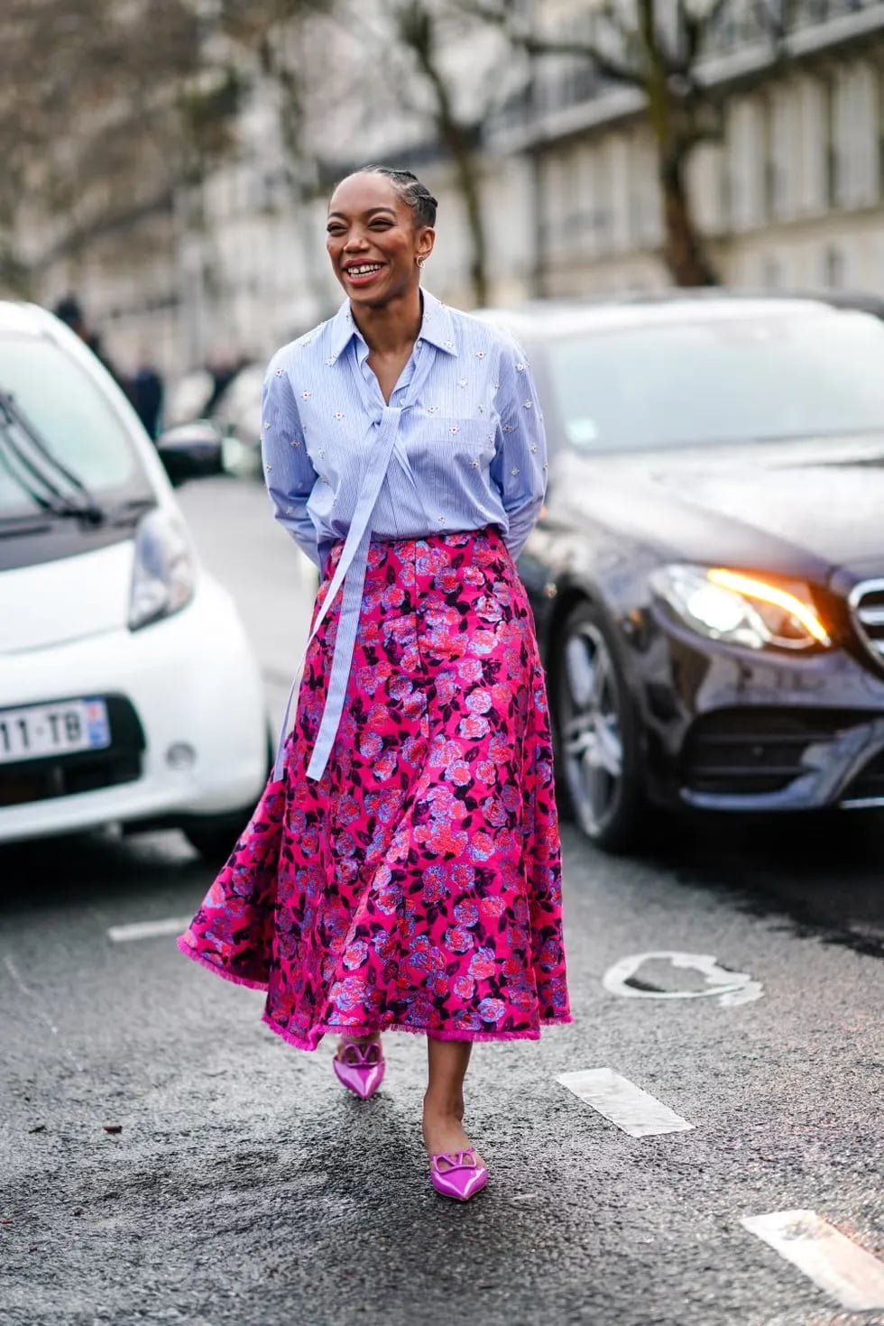 Bold pink floral midi skirt with striped button-down, Close-Up Take Bold pink floral midi skirt with striped button-down, Close-Up Take — Floral Skirt Outfits 2027