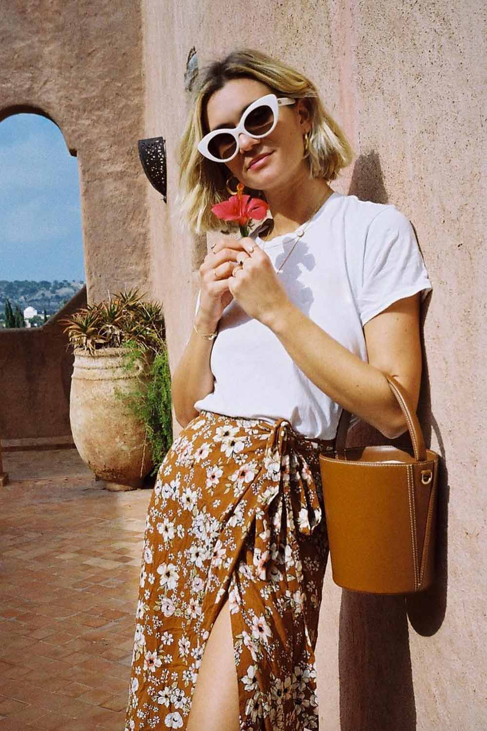 Brown floral wrap midi skirt with white t-shirt, Tan Block Heels Brown floral wrap midi skirt with white t-shirt, Tan Block Heels — Floral Skirt Outfits 2027