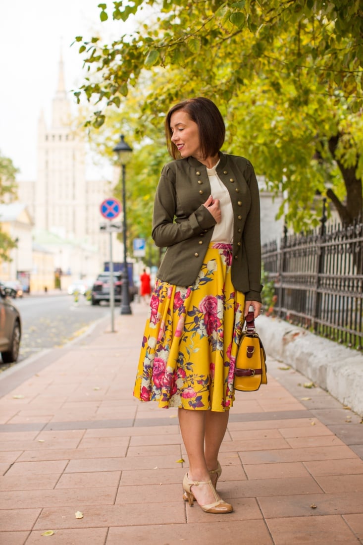 Yellow floral midi skirt with military jacket, Nude T-Strap Heels Yellow floral midi skirt with military jacket, Nude T-Strap Heels — Floral Skirt Outfits 2027