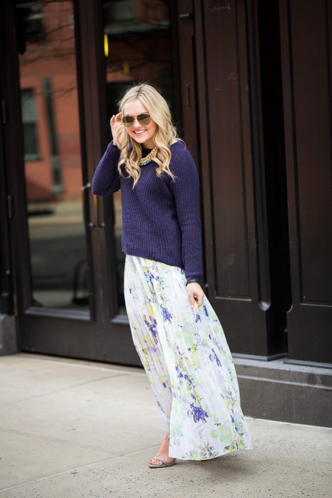 Pleated floral maxi skirt with chunky knit sweater, Close-Up Take Pleated floral maxi skirt with chunky knit sweater, Close-Up Take — Floral Skirt Outfits 2027