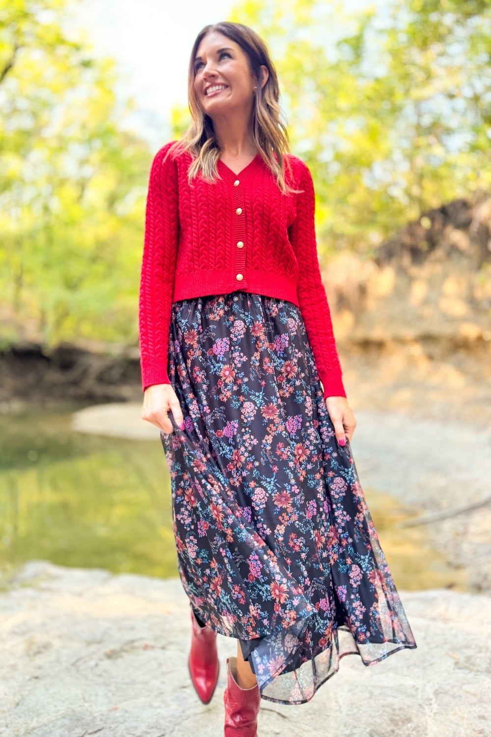 Black floral maxi skirt with red cable knit cardigan, Close-Up Take Black floral maxi skirt with red cable knit cardigan, Close-Up Take — Floral Skirt Outfits 2027