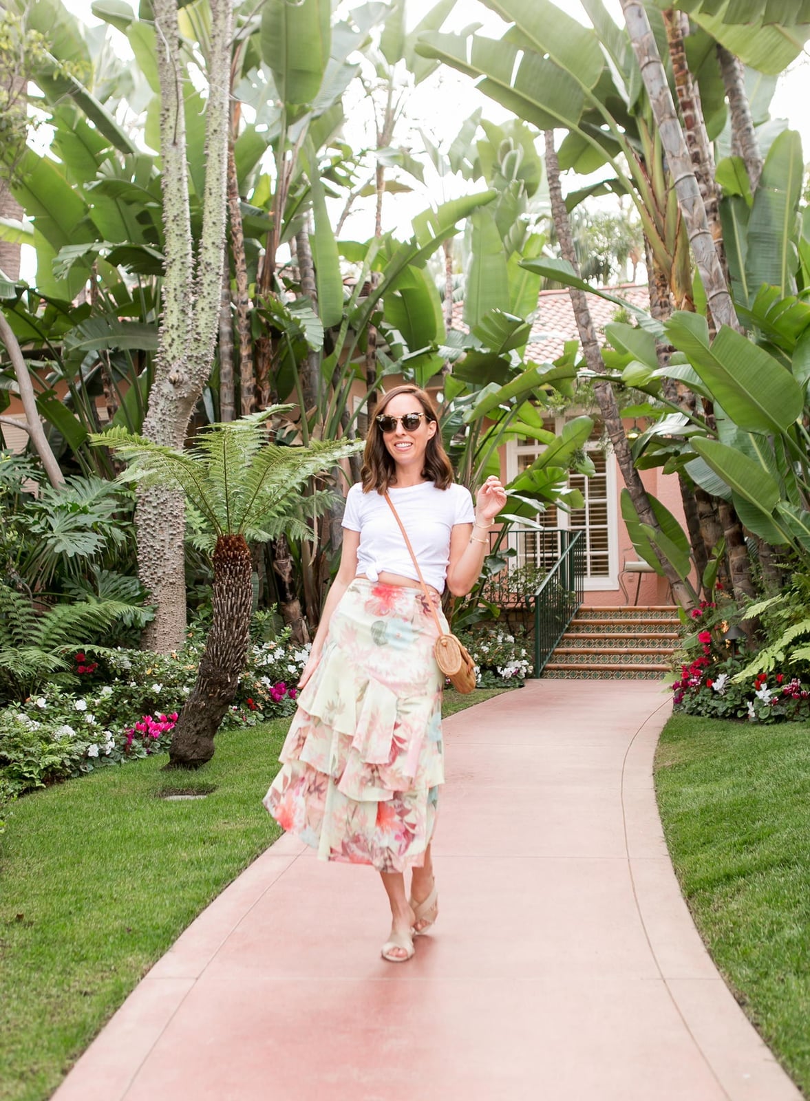 Tiered pastel floral midi skirt with white t-shirt, Nude Flat Sandals Tiered pastel floral midi skirt with white t-shirt, Nude Flat Sandals — Floral Skirt Outfits 2027