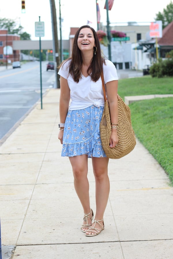 Light blue floral wrap mini skirt with t-shirt, Straw Tote Bag Light blue floral wrap mini skirt with t-shirt, Straw Tote Bag — Floral Skirt Outfits 2027