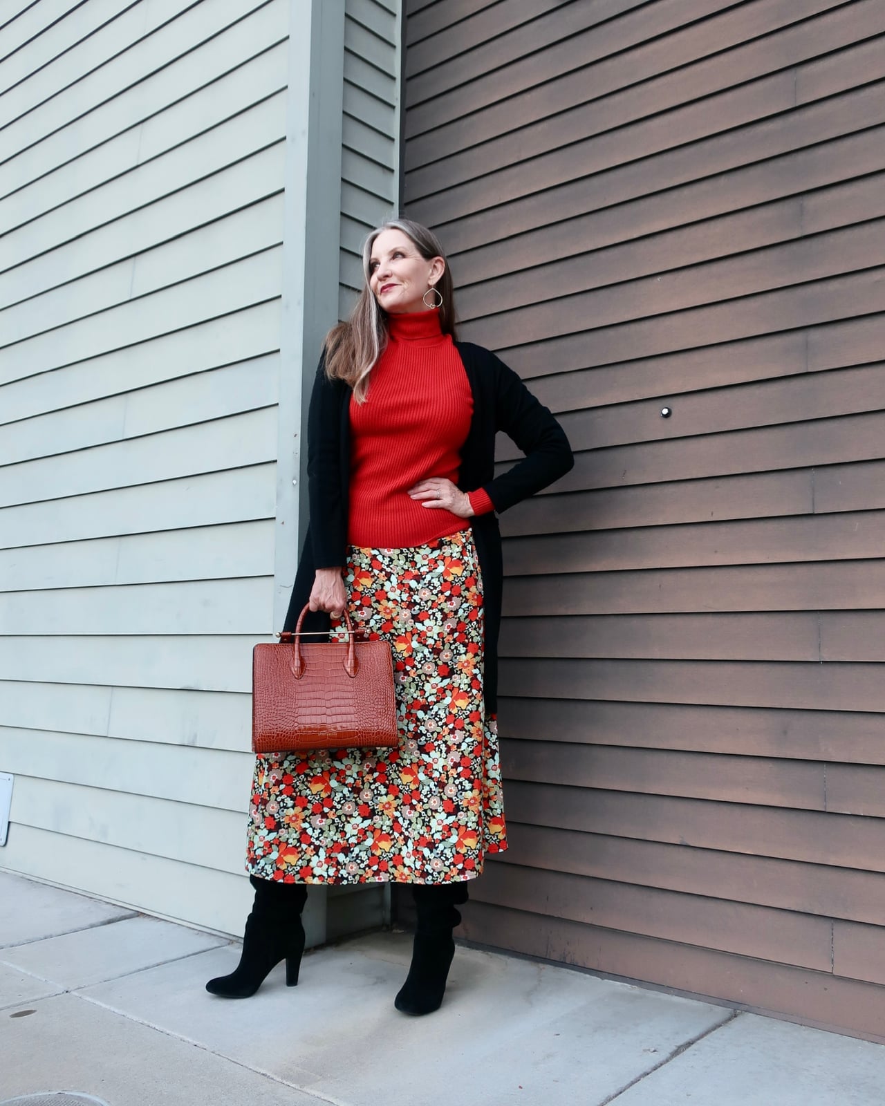 Vibrant floral midi skirt with red turtleneck and black, Close-Up Take Vibrant floral midi skirt with red turtleneck and black, Close-Up Take — Floral Skirt Outfits 2027