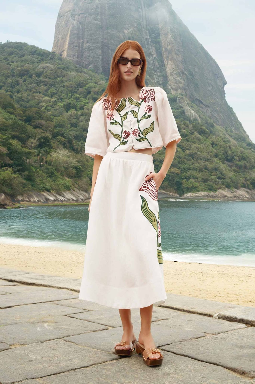 White linen floral midi skirt with a matching cropped, Close-Up Take White linen floral midi skirt with a matching cropped, Close-Up Take — Floral Skirt Outfits 2027