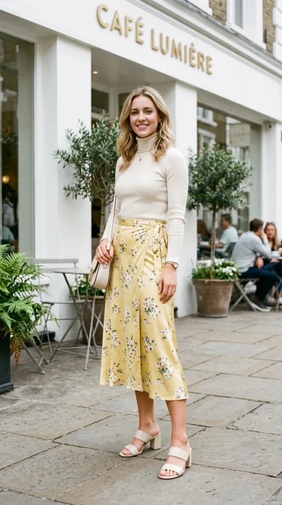 Yellow satin floral midi wrap skirt, Office-Safe Version Yellow satin floral midi wrap skirt, Office-Safe Version — Floral Skirt Outfits 2027