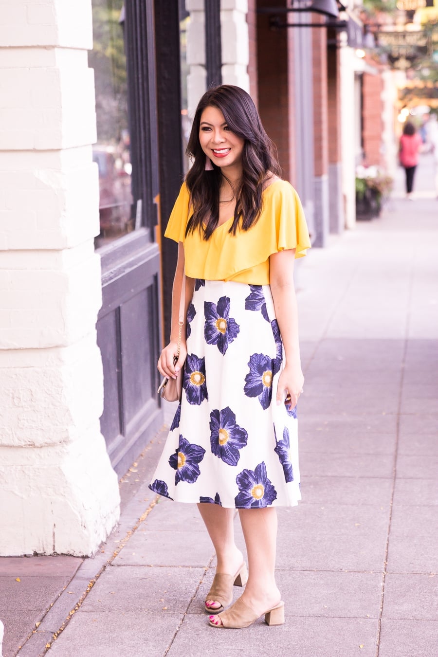 White floral midi skirt with yellow ruffled crop top, Close-Up Take White floral midi skirt with yellow ruffled crop top, Close-Up Take — Floral Skirt Outfits 2027