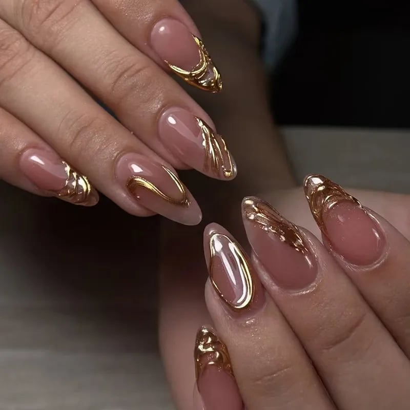 Sheer Nude Almond with Gold Foil Tips Sheer Nude Almond with Gold Foil Tips — Foil Nails 2027