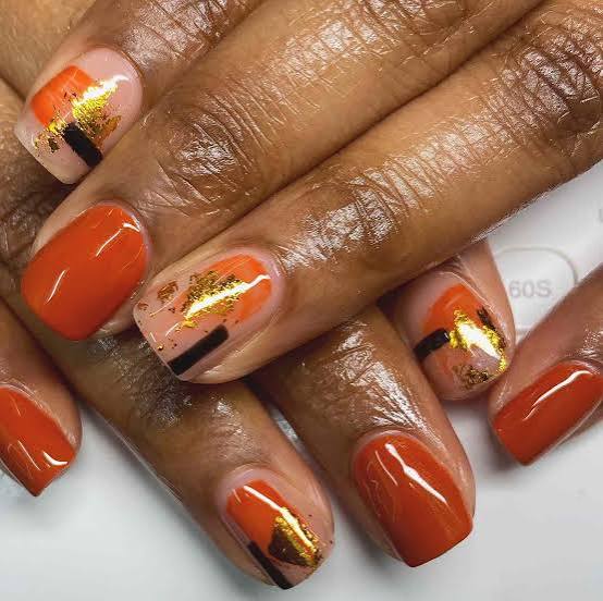 Short Square Abstract Orange Black Gold Foil Short Square Abstract Orange Black Gold Foil — Foil Nails 2027