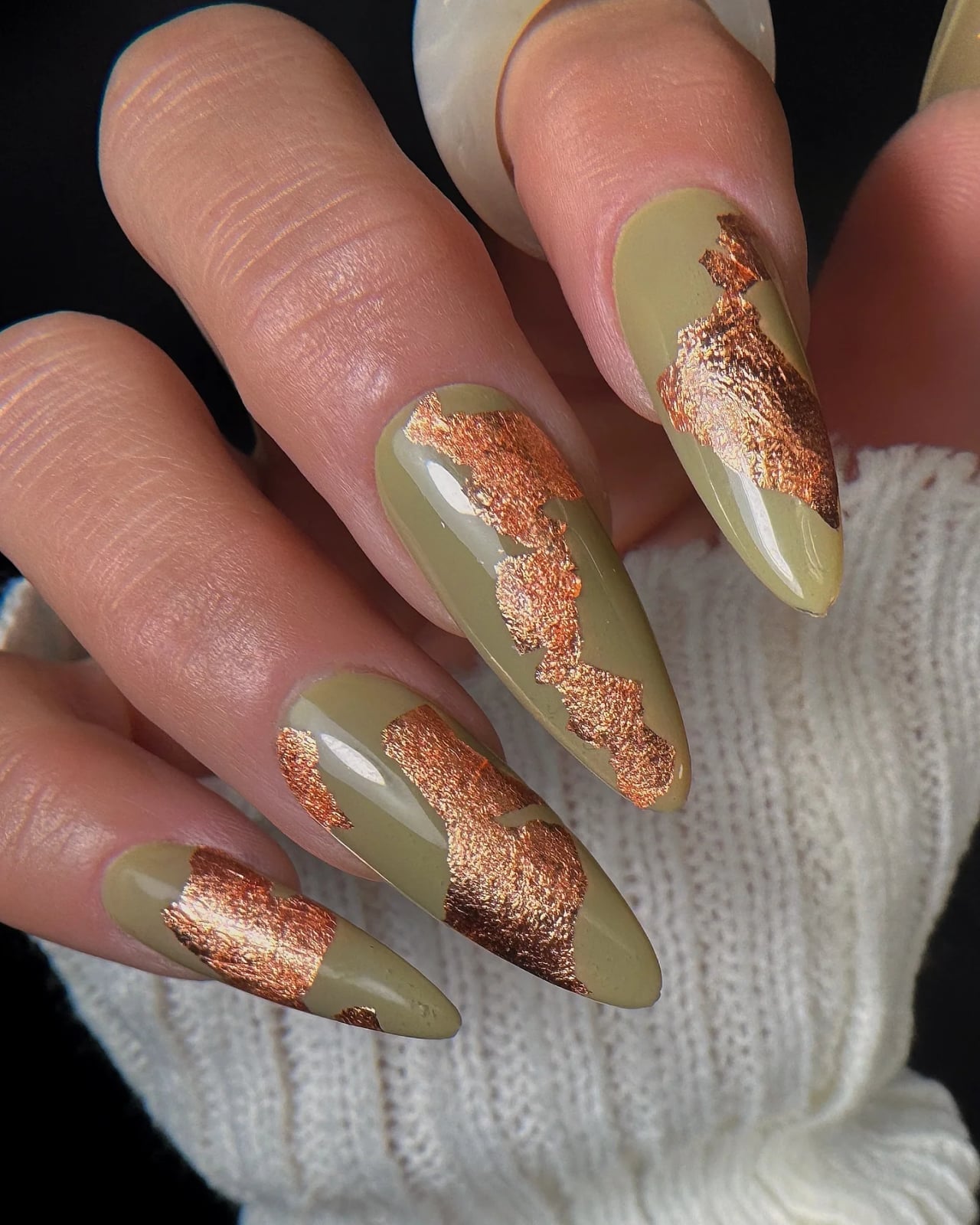 Long Stiletto Olive Green Copper Foil Long Stiletto Olive Green Copper Foil — Foil Nails 2027