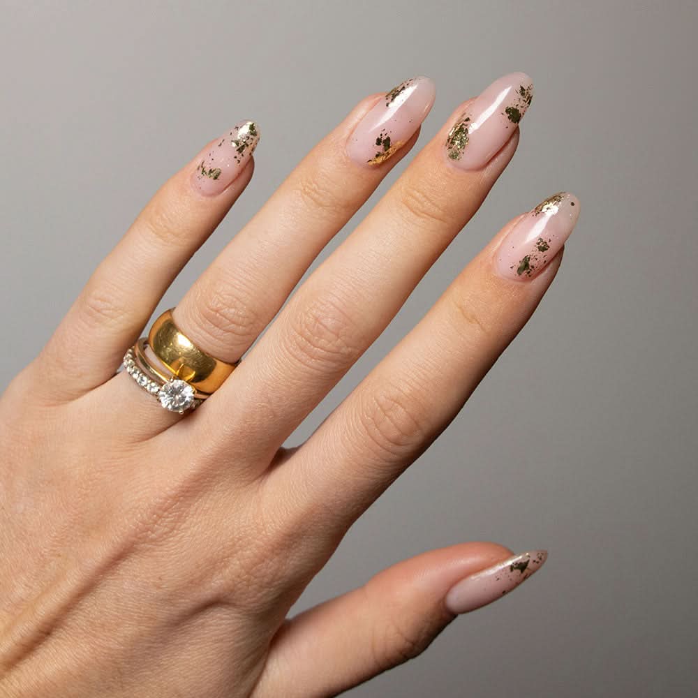 Medium Almond Sheer Nude Gold Foil Flakes Medium Almond Sheer Nude Gold Foil Flakes — Foil Nails 2027