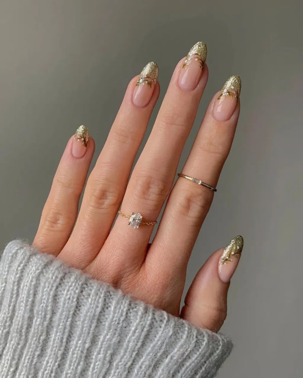 Medium Almond Sheer Nude Gold Foil French Tips, Glossy With Glitter Medium Almond Sheer Nude Gold Foil French Tips, Glossy With Glitter — Foil Nails 2027