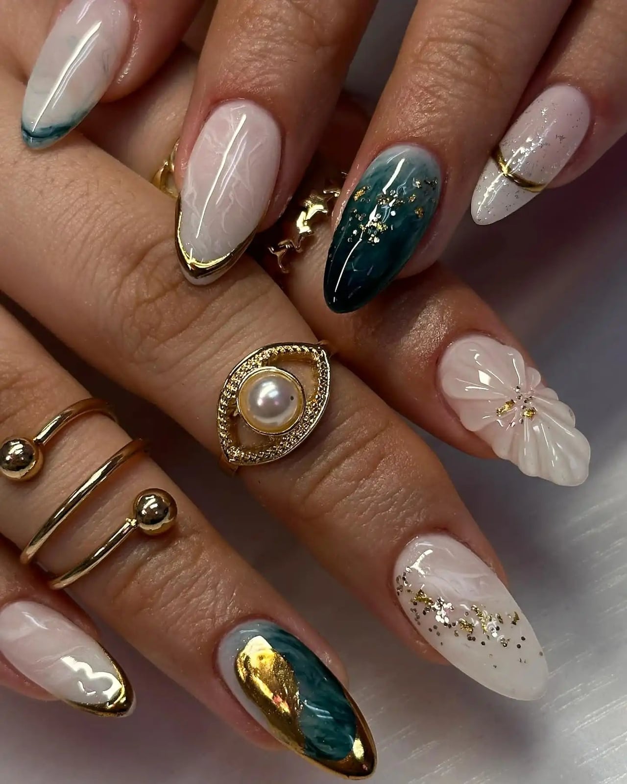 Long Almond Milky White Green Gradient Gold Foil Long Almond Milky White Green Gradient Gold Foil — Foil Nails 2027