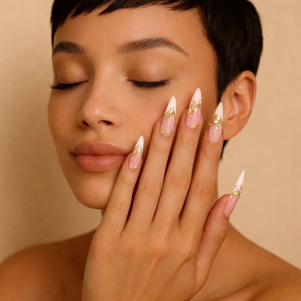 Long Stiletto French with Gold Foil Flakes Long Stiletto French with Gold Foil Flakes — Foil Nails 2027