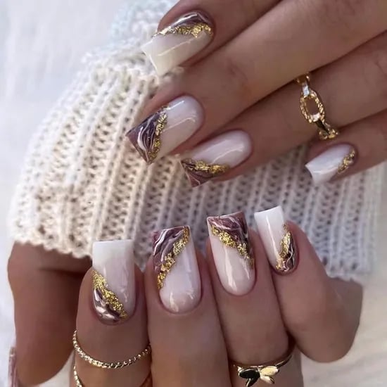 Medium Square White Brown Marble Gold Foil Medium Square White Brown Marble Gold Foil — Foil Nails 2027