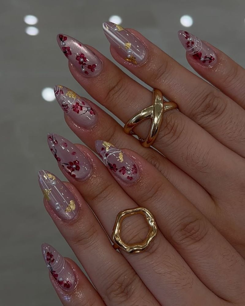 Long Stiletto Sheer Pink Floral Gold Foil Long Stiletto Sheer Pink Floral Gold Foil — Foil Nails 2027